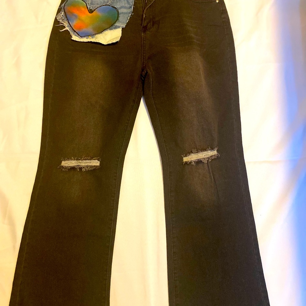 Womens xl(12) Upcycled High Waist Flare Legs Distress Jeans.